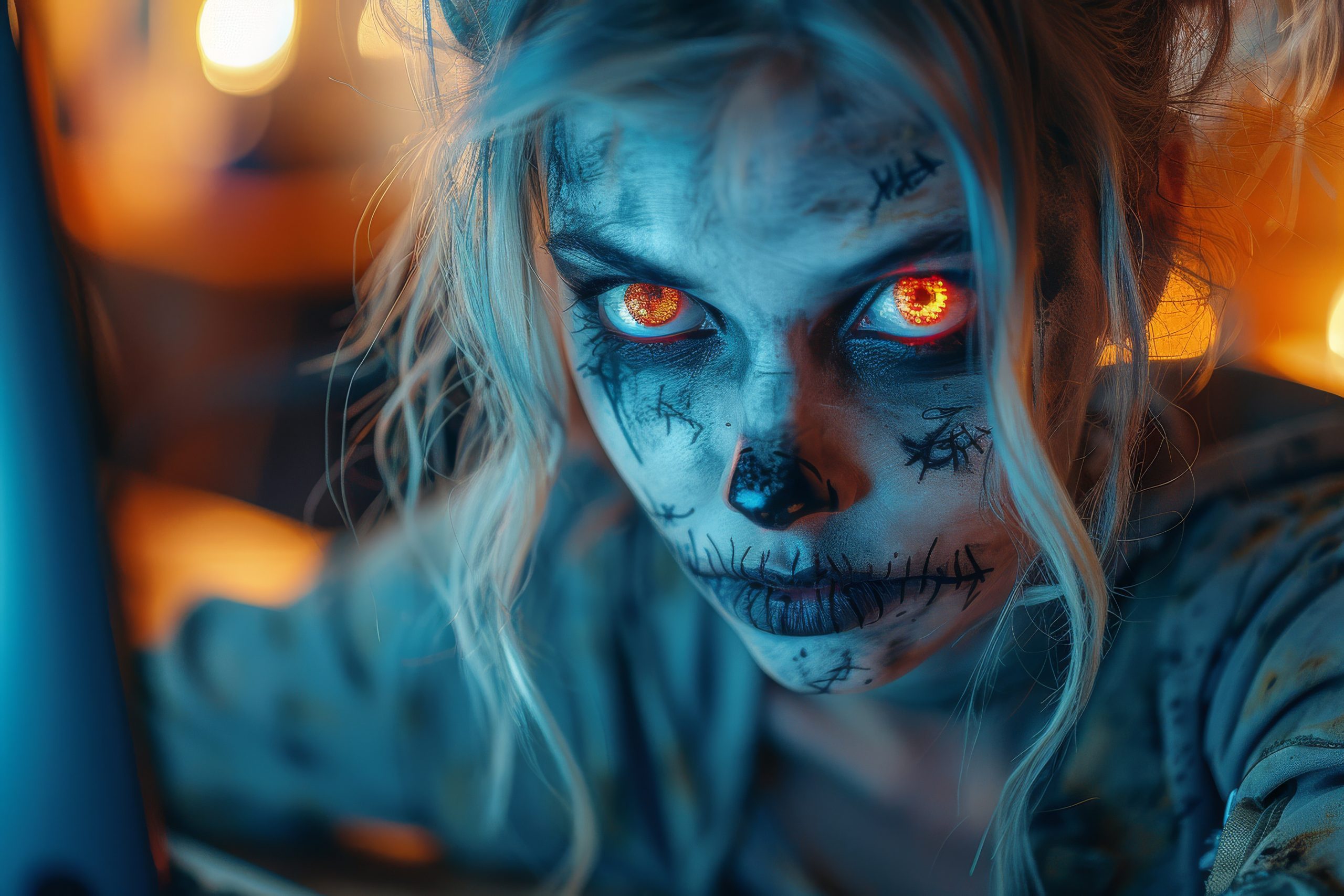 Person in Halloween makeup wearing glowing costume contact lenses